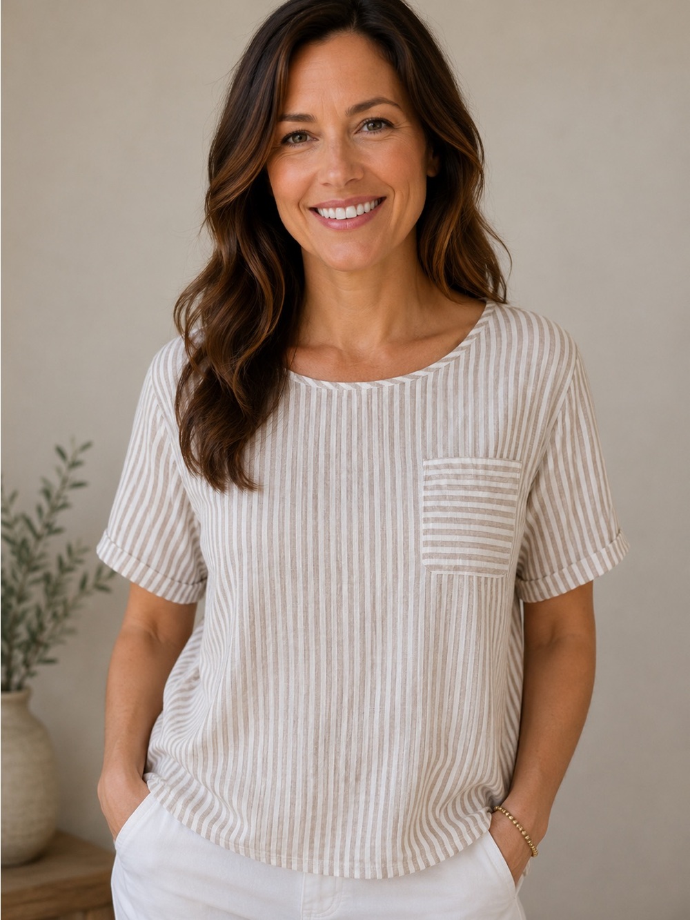 Christian Siriano New York Linen Striped Top Tan White Size L